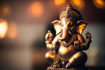 Ganesha, hindu elephant statue with golden bokeh. Generative Ai. 