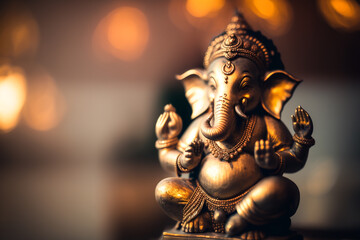 Fototapeta premium Ganesha, hindu elephant statue with golden bokeh. Generative Ai. 