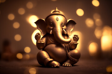Ganesha, hindu elephant statue with golden bokeh. Generative Ai. 