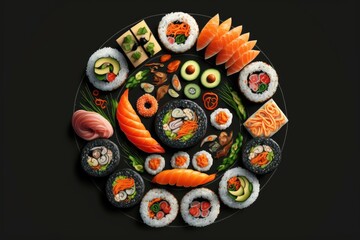 Set of sushi with unusual toppings on a black background