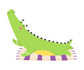 Cute funny baby crocodile doing yoga. Adorable animal practicing fitness exercise cartoon vector illustration