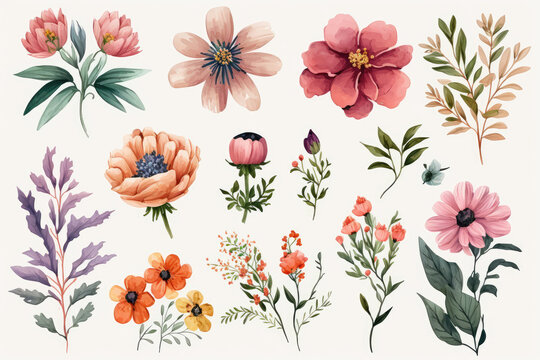 cute mother's day watercolor flower collection on white background with margins made by generative ai