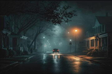 cinematic shot of night on a scary street with fog made by generative ai