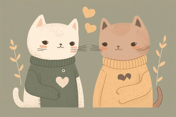 cutest cat couple on valentine's day, minimal, graphic poster design, muted colors, character design made by generative ai
