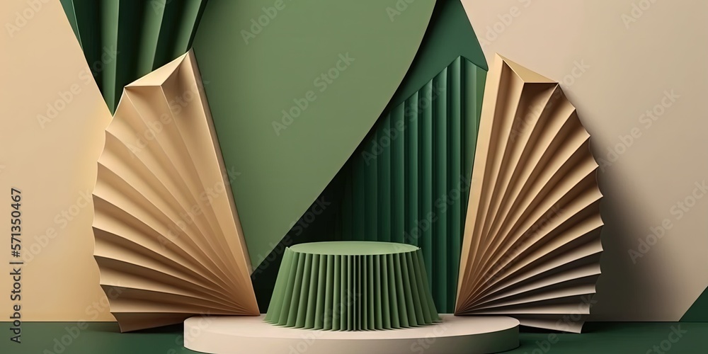 Poster background with an abstract design for minimalist presentation. green podium on a beige background w