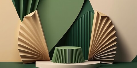 Background with an abstract design for minimalist presentation. Green podium on a beige background with geometric folding paper pleats. Generative AI