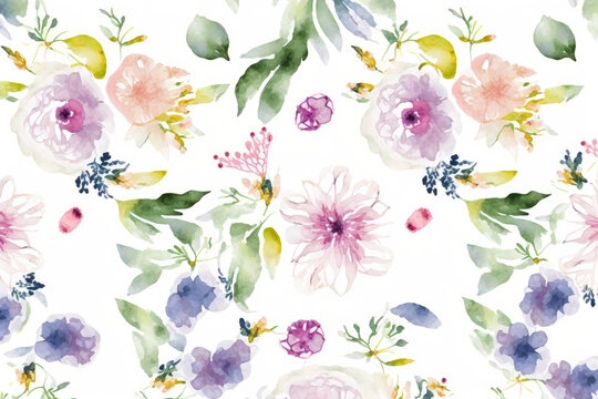 repeating pattern of watercolor flowers with a white background made by generative ai