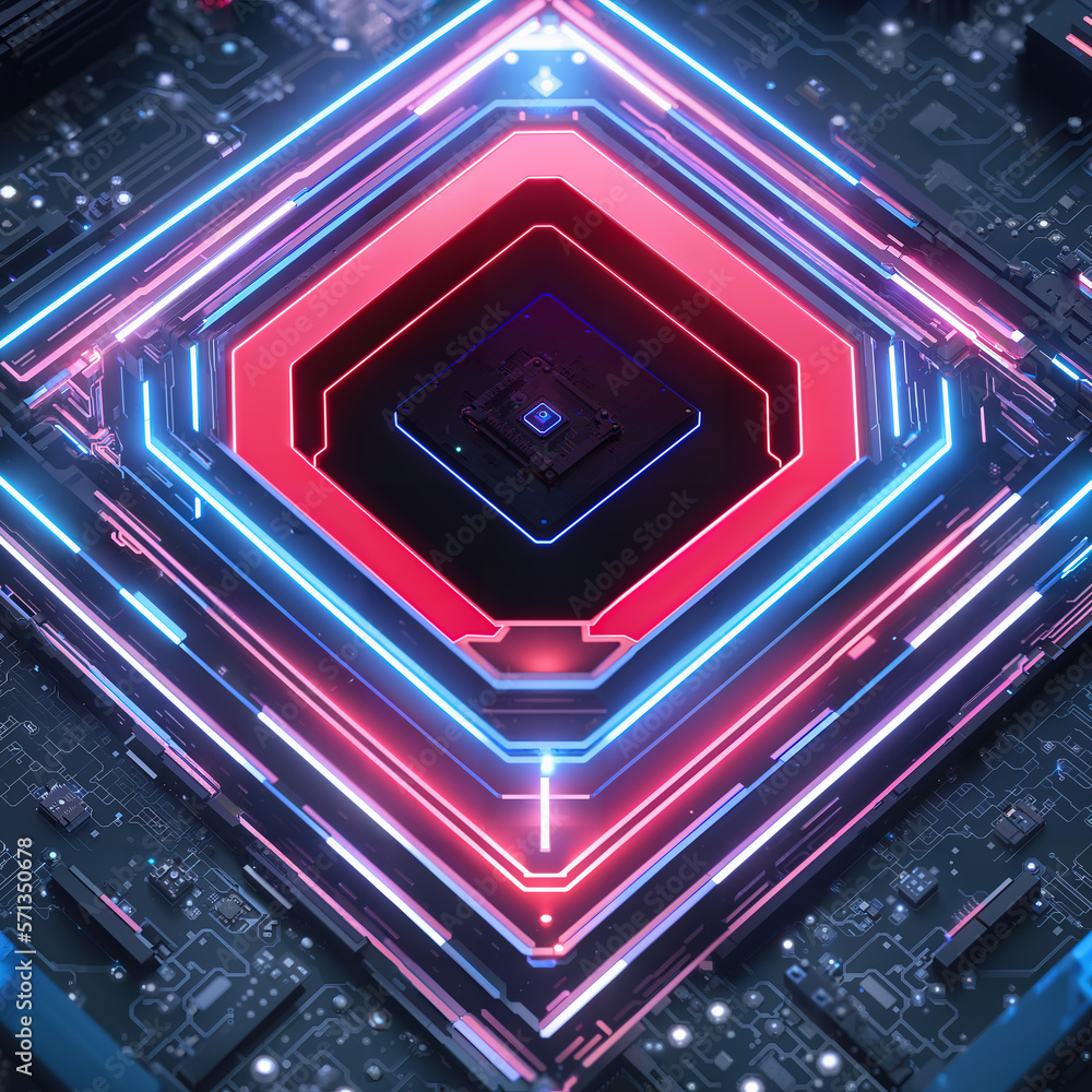 Poster cpu chip technology. a digital microchip atop a motherboard with circuits connecting to the processo