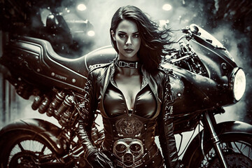 jovem mulher beldade motoqueira com motocicleta 