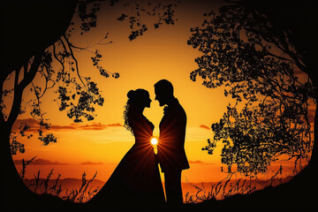 silhueta de casal rômantico em lindo por do sol 