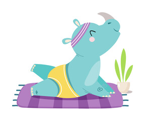 Cute funny hippo doing yoga. Adorable animal practicing fitness exercise cartoon vector illustration