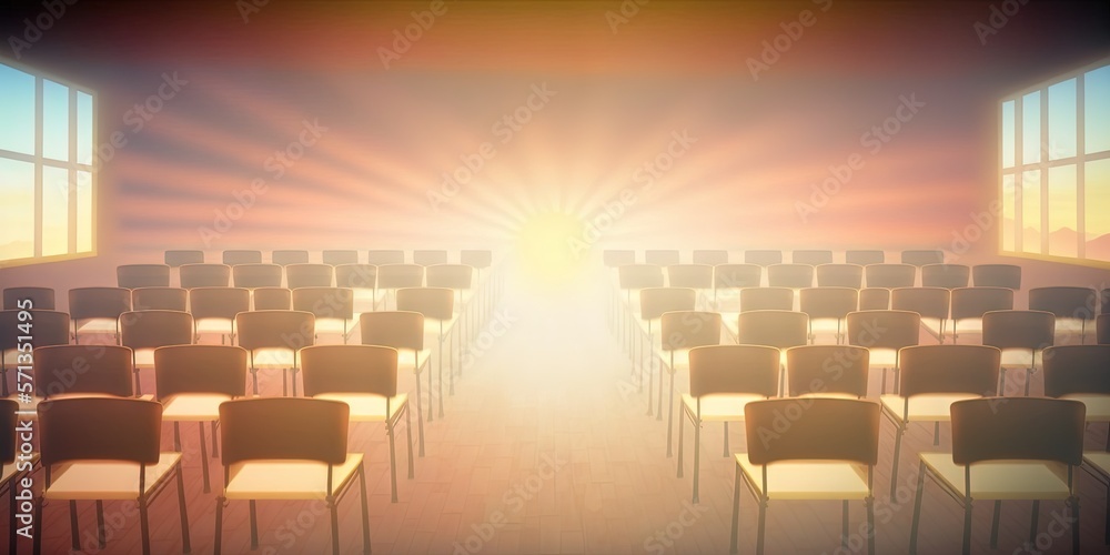 Poster classroom or lecture room empty with rising sun in morning. many chairs installed in college or univ