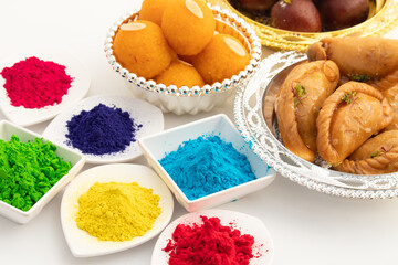 Gujia Mithai Also Called Gujiya, Pirukiya, Pirukia, Pedakiya, Karanji, Basundi Gughra Made Of Suji Ghee Stuffed With Mawa Khoya Chasni Mava Khoa With Gulal Abeer. Deepawali, Teez, Holi And Teej Theme