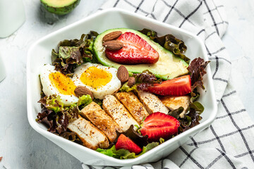 Smoked bacon strips meat slice thin slicing pork fat meal on a wooden background, ketogenic diet, place for text, top view