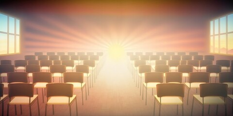 Classroom or lecture room empty with rising sun in morning. Many chairs installed in college or university. Generative AI