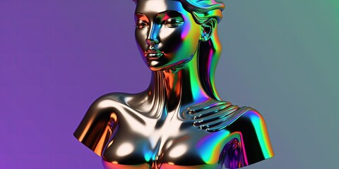 An nameless female bust form made of chrome reflective metal that is isolated on a gradient background and colored in vaporwave style serves as the basis for this abstract creative illustration