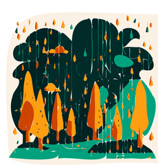 Autumn trees background, rain in the forest