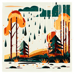 Autumn trees background, rain in the forest