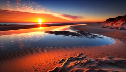 Fototapeta na wymiar the sun is setting over the water on the beach near the sand and sandbanks of a beach with sand and sand dunes on the shore. generative ai