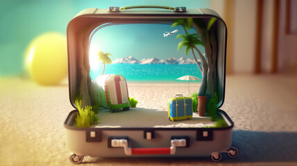 vacation travel time banner, open travel suitcase with exotic destination inside with copy space area
