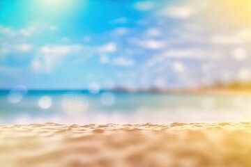 Fototapeta na wymiar Defocused tropical beach with blue sky, sun, white clouds, golden sand, and waves in the summertime. blurred scenery Summer vacation concept, copy space. Generative AI
