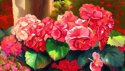  a painting of a bunch of flowers in a garden with red and pink flowers and green leaves in the foreground and a red and green background.  generative ai