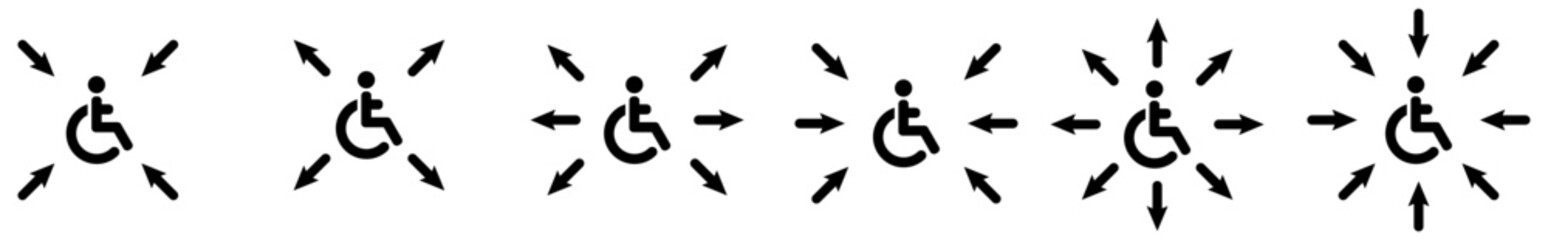 Arrows pointing to disabled person in wheelchair icon. Concept of handicapped people importance. Version with outward and inward points
