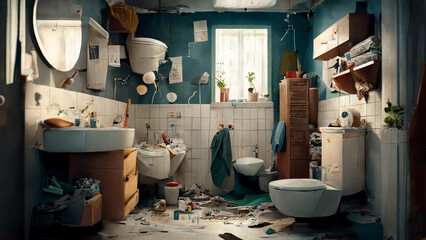 A very messy and dirty bathroom. Housework not done. (generative AI) - obrazy, fototapety, plakaty