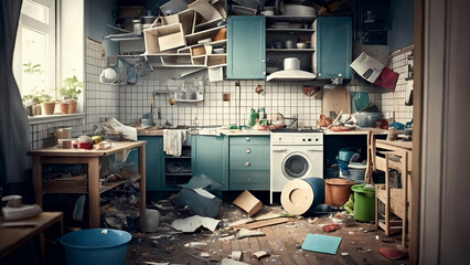 A very messy and dirty kitchen that needs cleaning (generative AI)