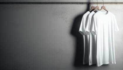 White t-shirt hanging on a hanger on a concrete wall with space for advertising. Generative AI.	