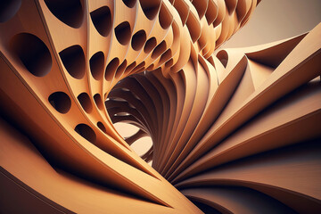 Abstract of wooden pattern, twisted shape, architecture facade details. Generation AI