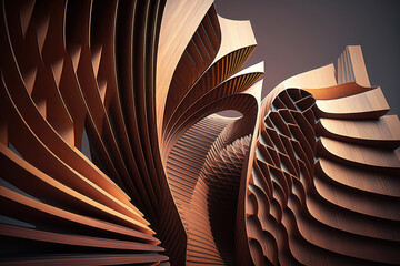 Abstract of wooden pattern, twisted shape, architecture facade details. Generation AI