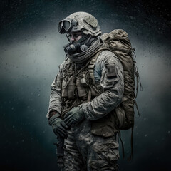 portrait of a soldier with a sniper rifle, generative ai, soldier wears gas mask, body shot