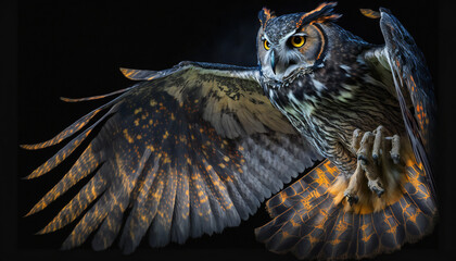 powerful superb flying owl in the night, colorful feathers 