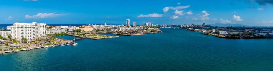 A panorama view over the port an harbour of San Juan, Puerto Rico on a bright sunny day