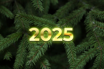 Composition with Christmas tree and number 2025 as a symbol of the coming New Year. Holiday background or greeting card. Top view.