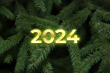Composition with Christmas tree and number 2024 as a symbol of the coming New Year. Holiday background or greeting card. Top view.