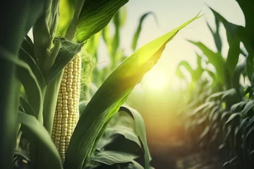 Fotobehang Corn cobs in corn plantation field. Cornfield with sunset at countryside. generative AI  © BlazingDesigns