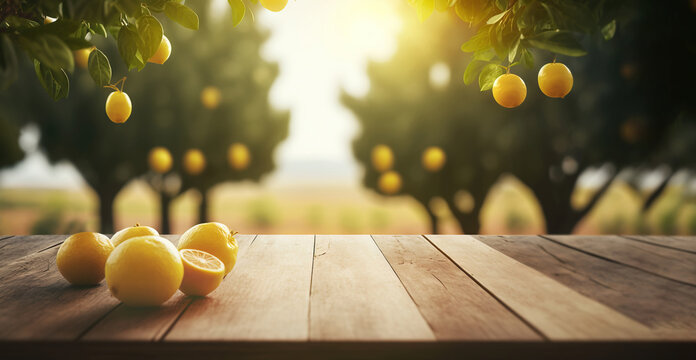 golden hour lemon citrus fruits on wooden table with trees field on morning sunshine background with copyspace area