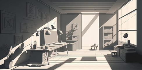 Fototapeta na wymiar Interior of a studio in a future minimalist illustration with strong back lighting. Generative AI