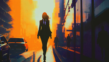 young business woman in suit walking on urban city street at sunrise sunset, new quality creative financial business stock image illustration design, Generative AI