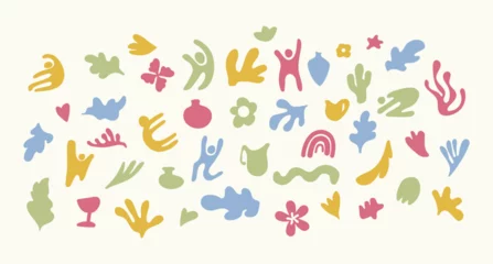 Zelfklevend Fotobehang Eenhoorns Colorful, abstract, organic shapes collection. Shapes of people, objects, flowers, and leaves are done in a Matisse-inspired style on a solid background. Great to build seamless patterns, stickers et