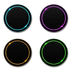Black circle tech button with color neon light object element isolated on white background