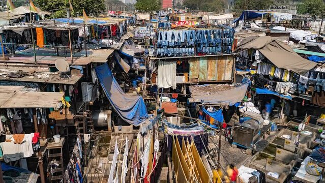 Mumbai Dhobi Ghat laundry business at slums timelapse hyper lapse 4k panoramic