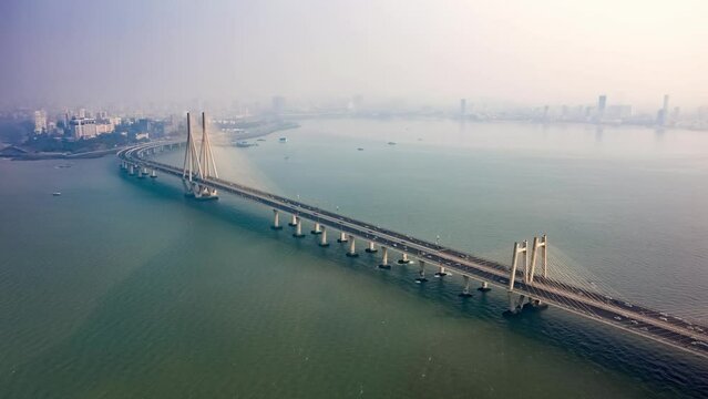 Sea link Mumbai Worli bridge, hyper lapse time lapse aerial drone view, India, 4k cinematic