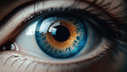  a close up of an eye with a blue and orange iris and a black circle around the iris of the eye and the iris of the eye.  generative ai
