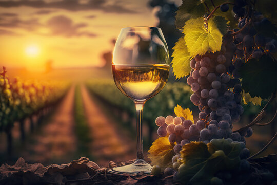 Delicious wine in picturesque vineyard. Based on Generative AI