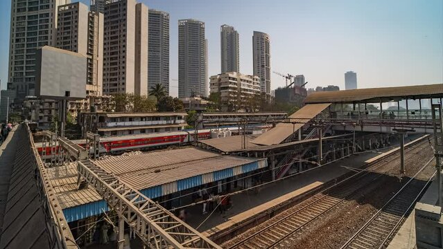 India Mahalaxmi train station Mumbai timelapse hyper lapse 4k panoramic, Maharashtra 