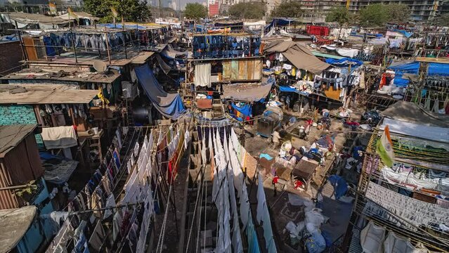 Mumbai Dhobi Ghat laundry business at slums timelapse hyper lapse 4k panoramic