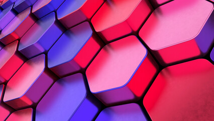 Multicolor Hexagons: A 3D Metallic Tiled Background in Shades of pink, purple and blue. 3d render illustration.